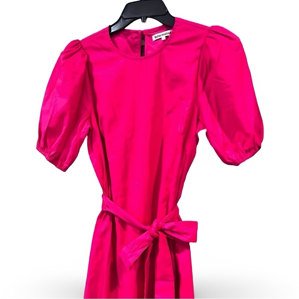 New Reformation Rita Puff Sleeve Belted Midi Dress in Corvette Pink | S - Picture 10 of 11